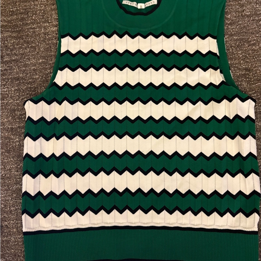 Veronica Beard Green and White Chevron Sweater Vest